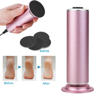 Dispositivo esfoliante de pés rosa com discos pretos e imagens de antes e depois.