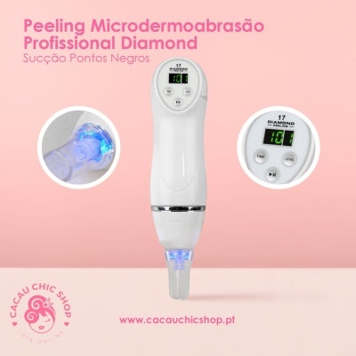 Dispositivo peeling microdermoabrasão branco com visor digital e luz azul em fundo rosa