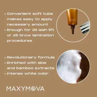 Texto em inglês descrevendo produto cosmético em tubo dourado com amostra de creme branco, marca MAXYMOVA.