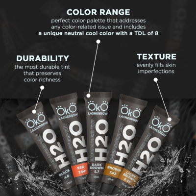 Tinta para sobrancelhas ÖKO H2O em cinco cores diferentes sobre fundo escuro com respingos de água