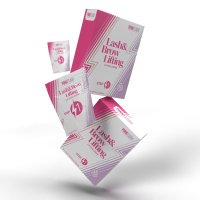 Caixas e sachês do produto Lash&Brow Lifting da Pink Flash em rosa e branco