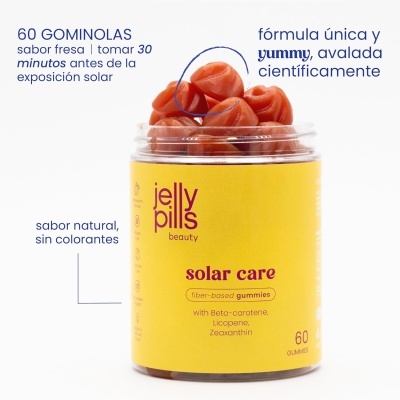 Frasco de gomas vermelhas para cuidados solares com etiqueta amarela