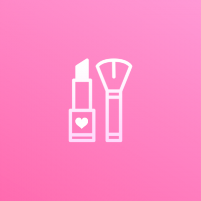 Ícone branco de batom e pincel de maquilhagem sobre fundo rosa