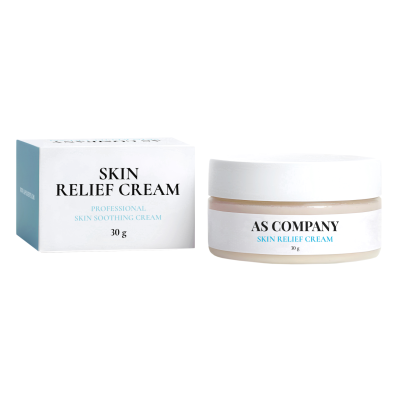 Creme SKIN RELIEF CREAM em frasco de vidro com embalagem branca e azul.