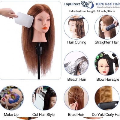 Cabeça de manequim com cabelo castanho liso e várias técnicas de penteado e cuidados capilares ilustradas