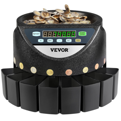 Máquina contadora de moedas preta com visor digital e compartimentos de separação