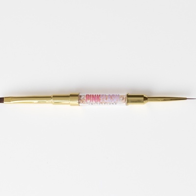 Pincel de maquiagem duplo dourado com texto PINK GLOW no centro