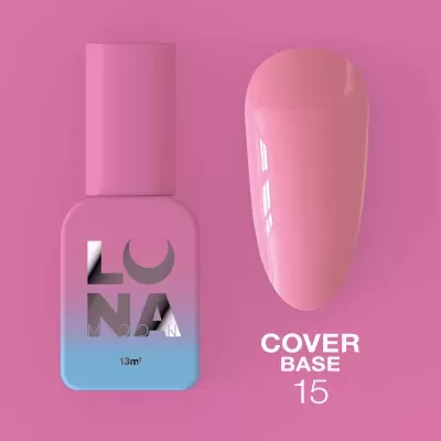 Frasco de verniz de unhas rosa azul com unha cor rosa e texto COVER BASE 15