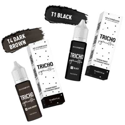 Frascos de pigmento preto e castanho escuro para maquilhagem permanente AS Company.