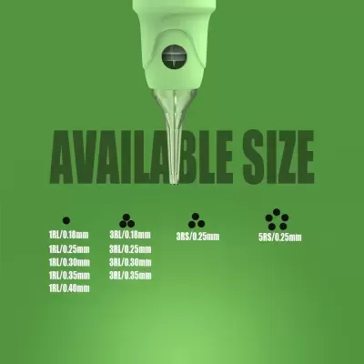 Ponta de agulha para máquina de tatuagem verde com informações de tamanhos disponíveis