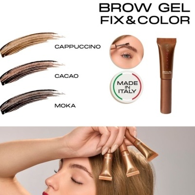 Gel para sobrancelhas em tubo castanho com cores cappuccino, cacau e moka, selo Made in Italy e modelo segurando tubos.