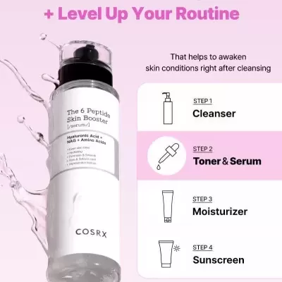 Frasco de sérum transparente com tampa preta e texto em inglês, explicando rotina de cuidados da pele em fundo rosa claro