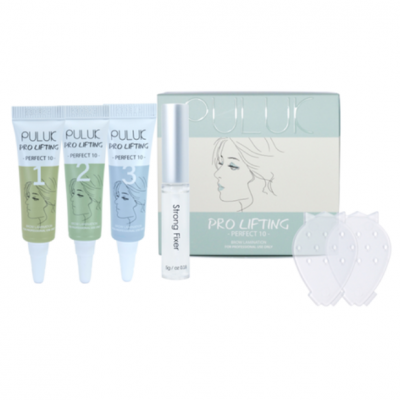 Conjunto de produtos PULUK PRO LIFTING com três tubos coloridos, frasco e caixa ilustrada.