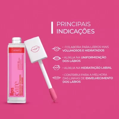 Produto cosmético Lips Care com aplicador sobre fundo rosa com texto indicativo