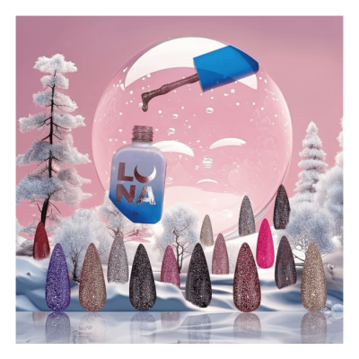 Amostras coloridas de verniz para unhas e frasco aberto com texto 'LUNA' 13ml num cenário de neve