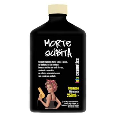 Frasco preto de shampoo hidratante Morte Súbita de 250 ml com tampa creme