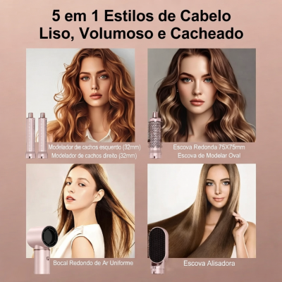 Acessórios para cabelo 5 em 1 em tom rosa dourado com quatro mulheres demonstrando penteados liso, volumoso e cacheado