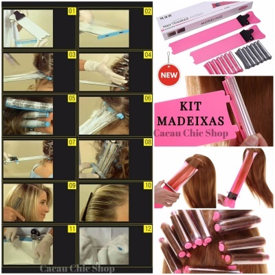 Kit madeixas para coloração de cabelo com rolos plásticos rosa e azul, instruções visuais do uso