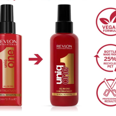 Embalagem antiga e nova do tratamento capilar Revlon Uniq One em vermelho e dourado