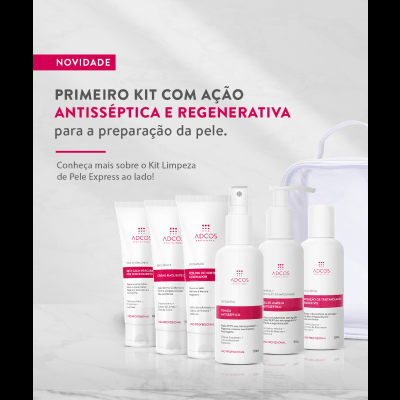 Kit de produtos ADCOS para cuidados de pele com embalagem branca e detalhes rosa