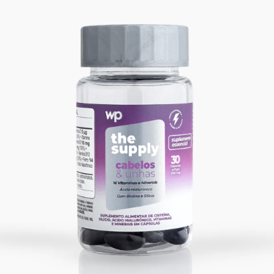 frasco de suplemento alimentar wp the supply cabelos e unhas com rótulo roxo e branco