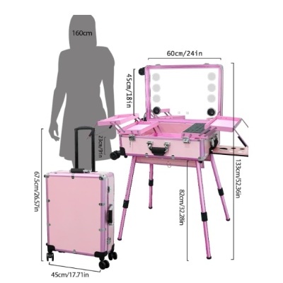mala e secretária de maquilhagem cor-de-rosa com espelho e luzes