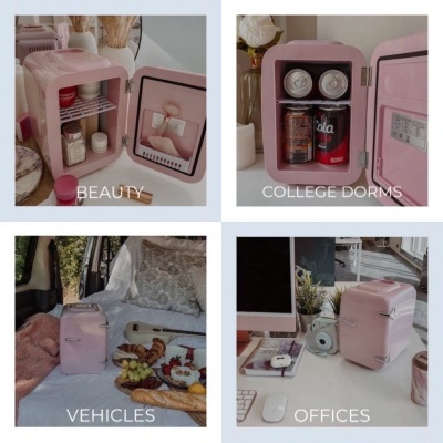 Mini frigorífico cor-de-rosa em várias situações: beleza, dormitórios, veículos e escritórios.