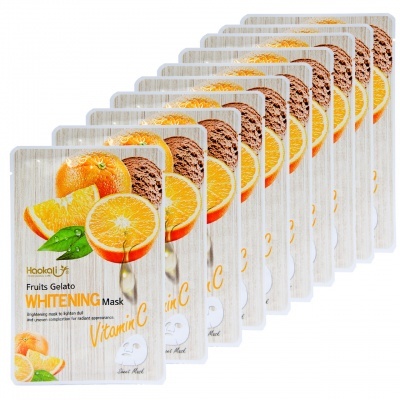 Pacote de máscara facial HakoKu Fruits Gelato Whitening com imagem de laranja e texto Vitamin C