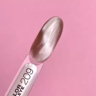 Amostra de verniz de unha metálico prateado com texto 'COLOR CATEYE 209'
