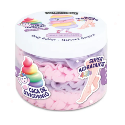 Pote de manteiga corporal da marca The Fruit Company com design colorido e texto em espanhol