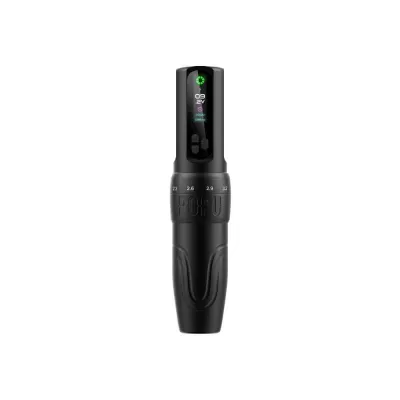 Máquina de tatuagem preta com visor digital colorido e marcações numéricas