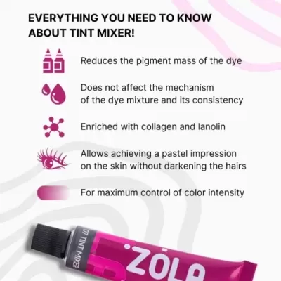 Tubo rosa de tintura para sobrancelhas ZOLA com texto e informações do produto em fundo branco