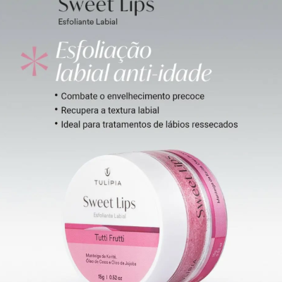 Frasco de esfoliante labial Sweet Lips da Tulípia Tutti Frutti com rótulo branco e rosa