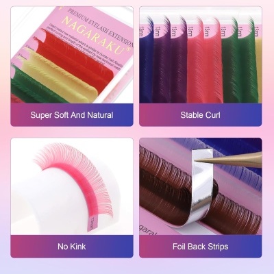 Extensões de pestanas coloridas em caixas e close-ups com textos promocionais