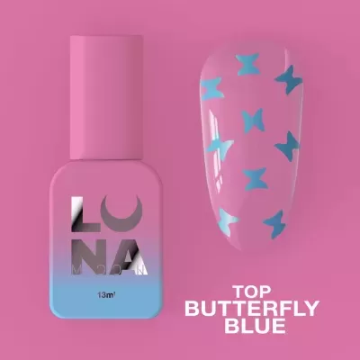 Frasco de verniz de unhas rosa e azul com padrão borboletas azuis numa unha, fundo rosa