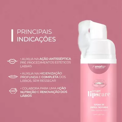 Frasco rosa de espuma Smart Lipscare para limpeza profunda dos lábios com texto indicativo em fundo rosa