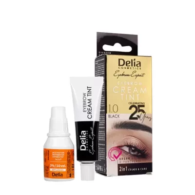 Kit Delia Eyebrow Cream Tint preto e embalagem dourada com texto
