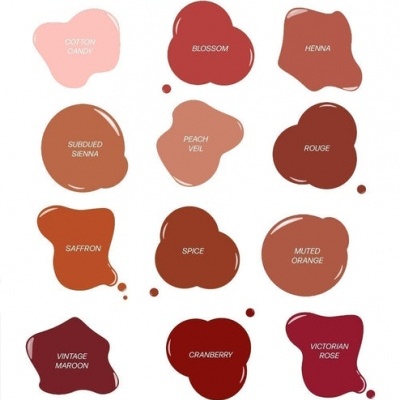 Amostras coloridas de batons com nomes e logo PERMA BLEND LUXE