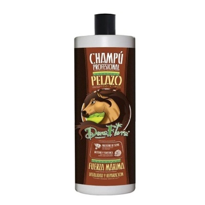 Frasco de champô profissional Pelazo com rótulo castanho e branco e ilustração de cavalo.