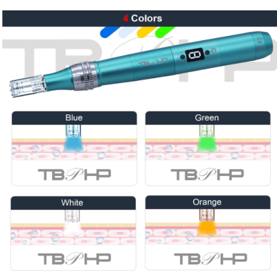 Caneta eletrónica azul metálica com ecrã digital e diferentes cores de luz para cuidados de pele