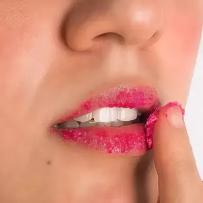 Lábios com esfoliante labial cor-de-rosa aplicado e dedo aplicando produto.