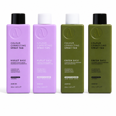 Frascos lilás e verdes de spray para bronzeamento com correção de cor