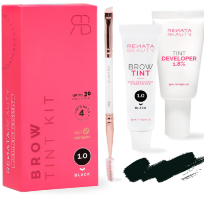 Kit para tintura de sobrancelhas com embalagem rosa e tubos brancos