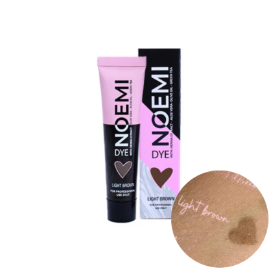 Tubo de tinta capilar NOEMI DYE cor light brown junto com embalagem e amostra da cor na pele