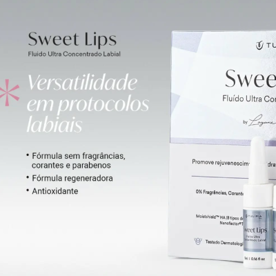 Embalagens e frascos do Sweet Lips Fluido Ultra Concentrado Labial com texto promocional