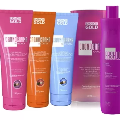 Produtos de cuidado capilar Fashion Gold em tubos e frascos coloridos com etiquetas
