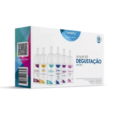 Caixa branca de kit de degustação com seis frascos coloridos