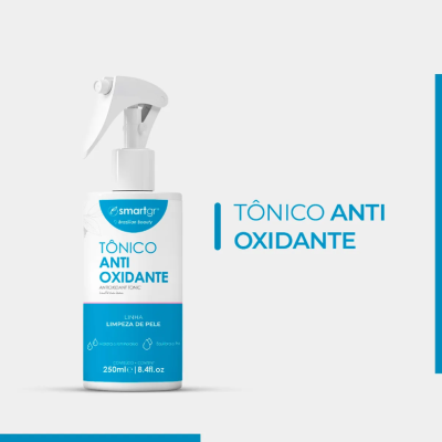 Frasco branco e azul de tônico anti oxidante com spray