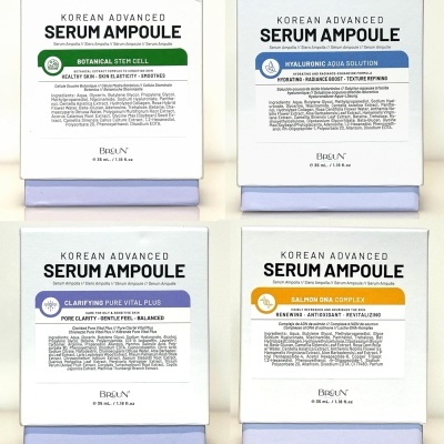 Quatro caixas de séruns coreanos avançados BRUUN com etiquetas coloridas distintas