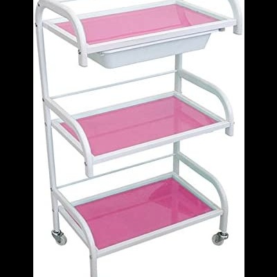 Carrinho de armazenamento branco com prateleiras rosa e rodas